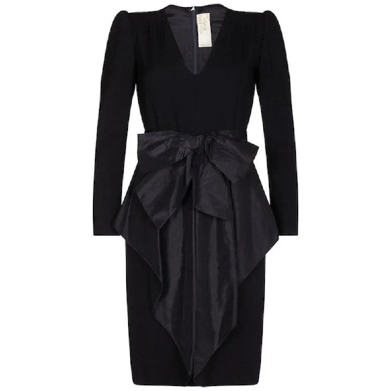 Nina Ricci 1980s Black Wool and Silk Cocktail Dress with Front Bow Detail