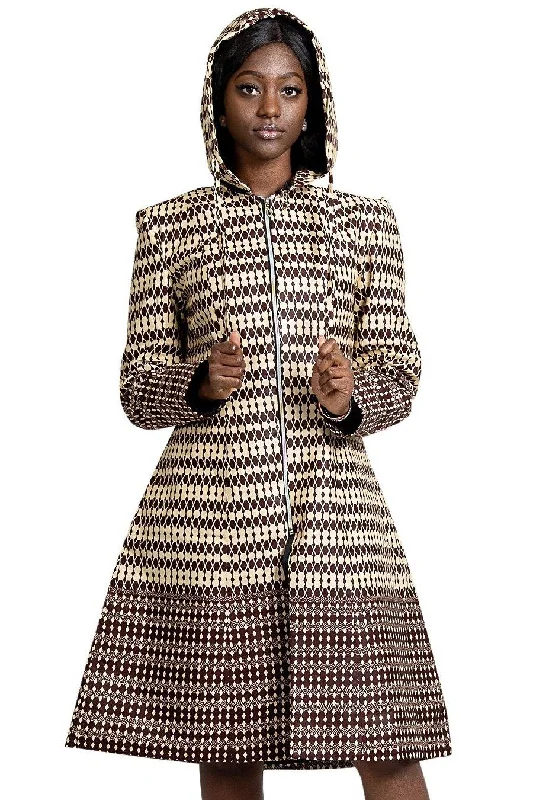 Aveye Women African Print Hooded Coat (Brown / Beige) Asymmetrical Collar Hooded Zippered Aveye Women African Print Hooded Coat (Brown / Beige) Asymmetrical Collar Hooded Zippered