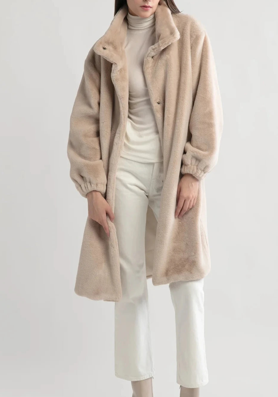 Shearling Collar Coat in Beige Nylon Polyester Spandex