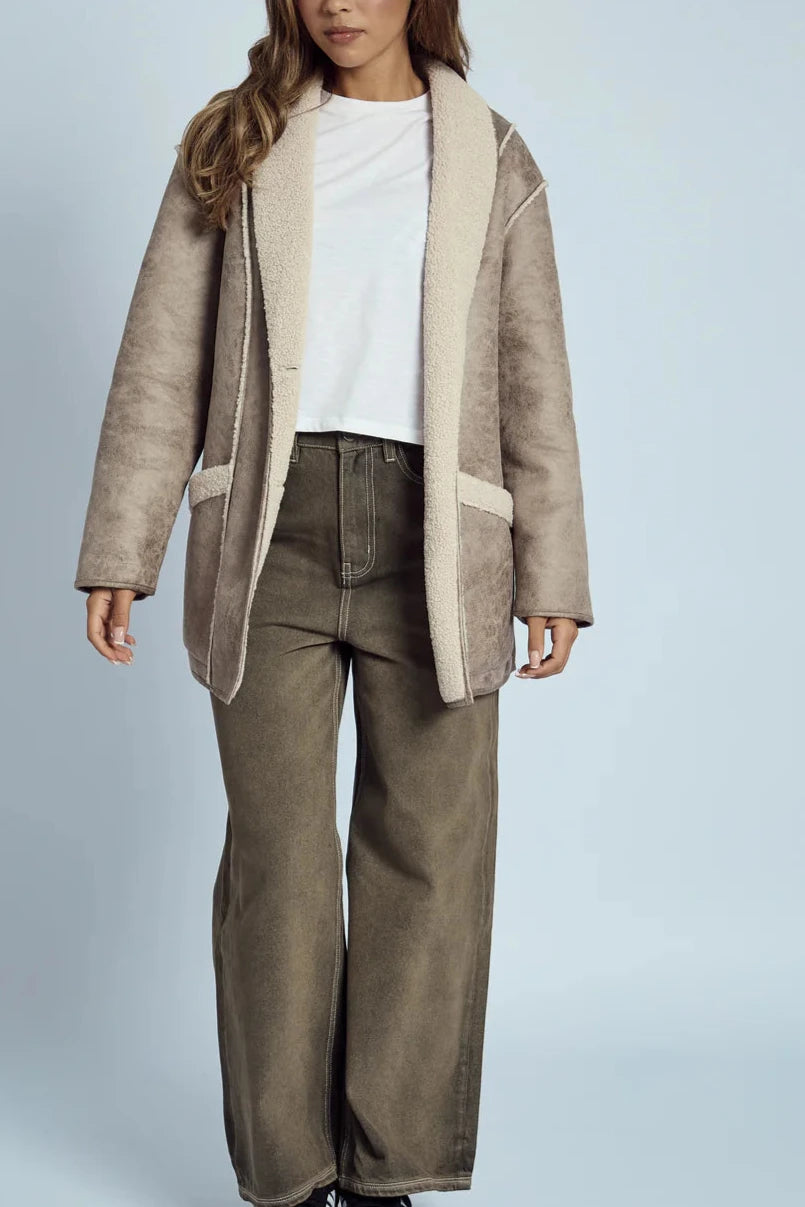 Claine Aviator Coat in Beige Denim Leather Suede