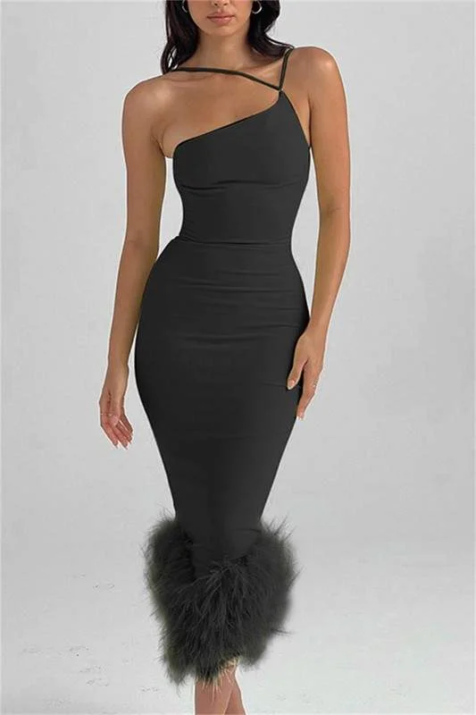 WOMEN S ONE SHOULDER FEATHER DRESS