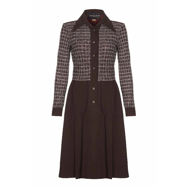 1970s Pisanti Brown Dress with Wide Lapel Detail and Lame Bodice