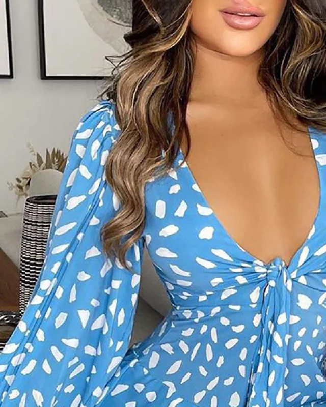 ALLOVER PRINT LANTERN SLEEVE TIED DETAIL CASUAL DRESS