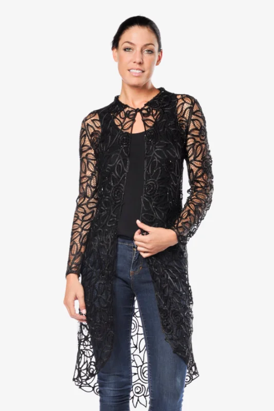 Soulmates C708 Collar Sequin Lace Duster Coat Asymmetrical Collar Hooded Zippered