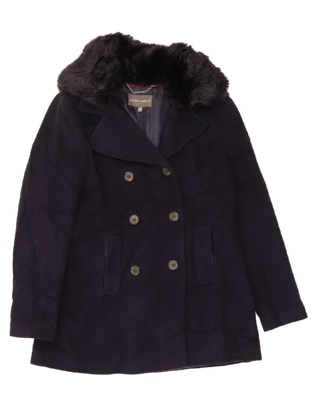 LAURA ASHLEY Womens Pea Coat UK 12 Medium Navy Blue Wool Plaid Tartan Floral