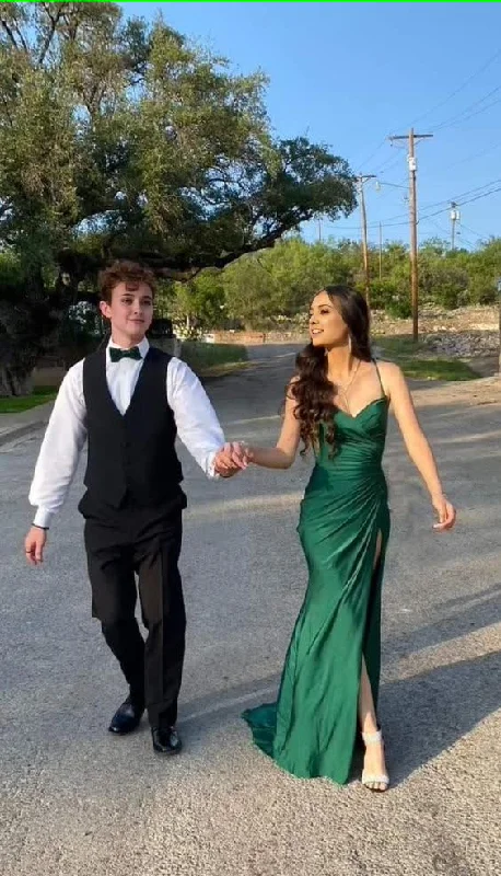 Sexy Mermaid Spaghetti Straps Dark Green High Slit Long Prom Dresses