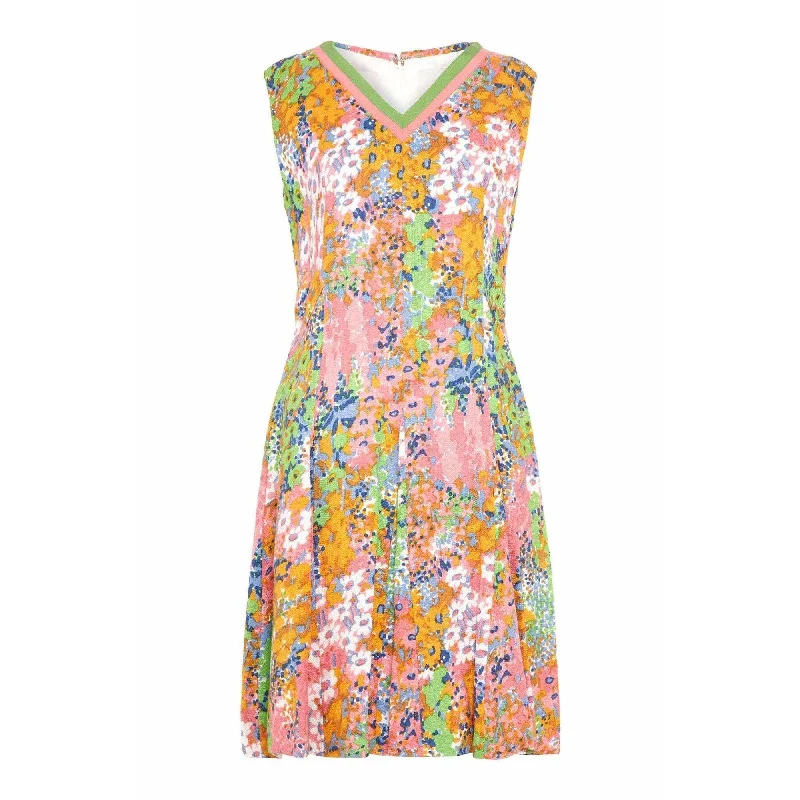 1960s Floral Print Linen Dress With Grosgrain Trim