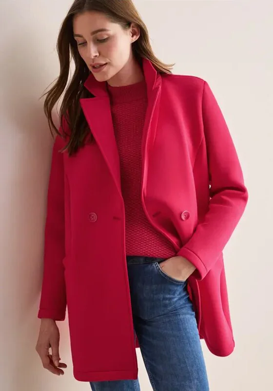 Cecil Buttoned Scuba Coat, Red Hook-and-Loop Buckled Tied