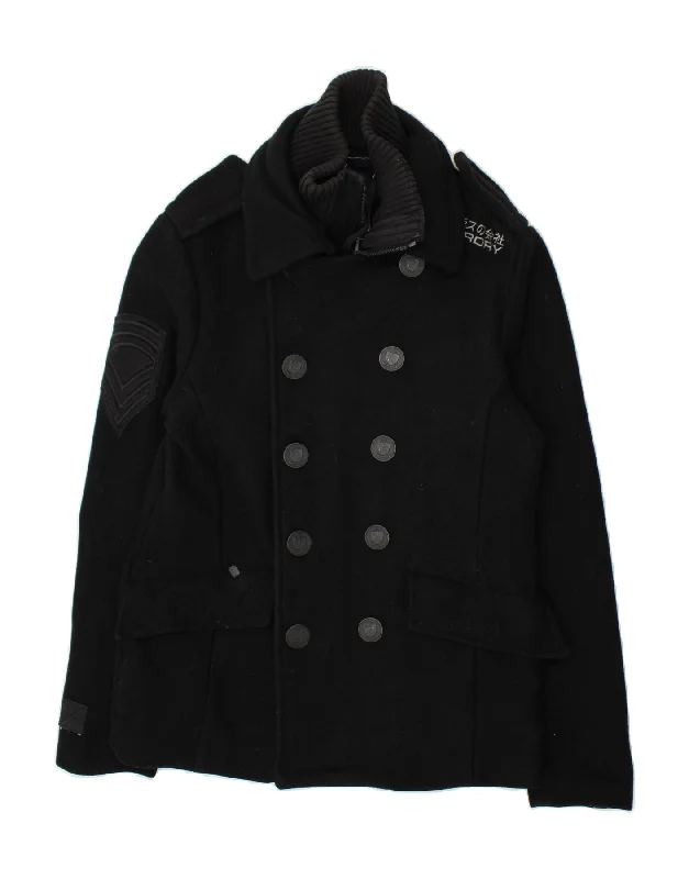 SUPERDRY Womens Pea Coat UK 18 XL Black Wool Trim Padded Insulated