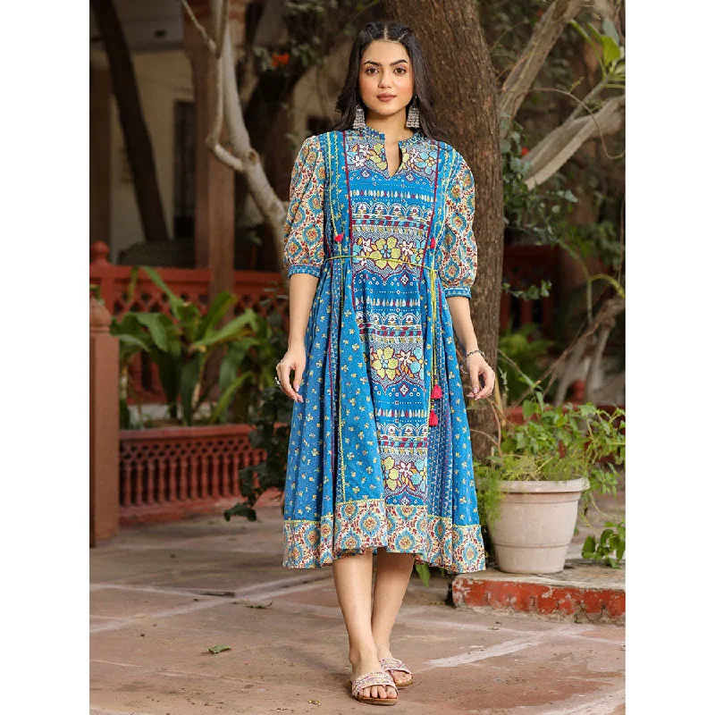 Juniper Blue Floral Printed Pure Cotton Dress & Doris with Beads Work
