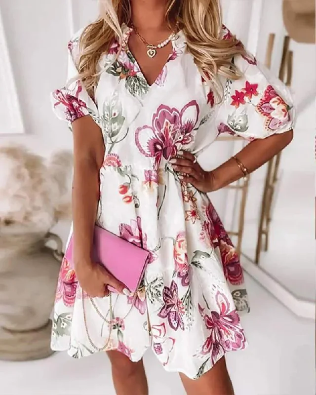 FLORAL PRINT V NECK CASUAL DRESS