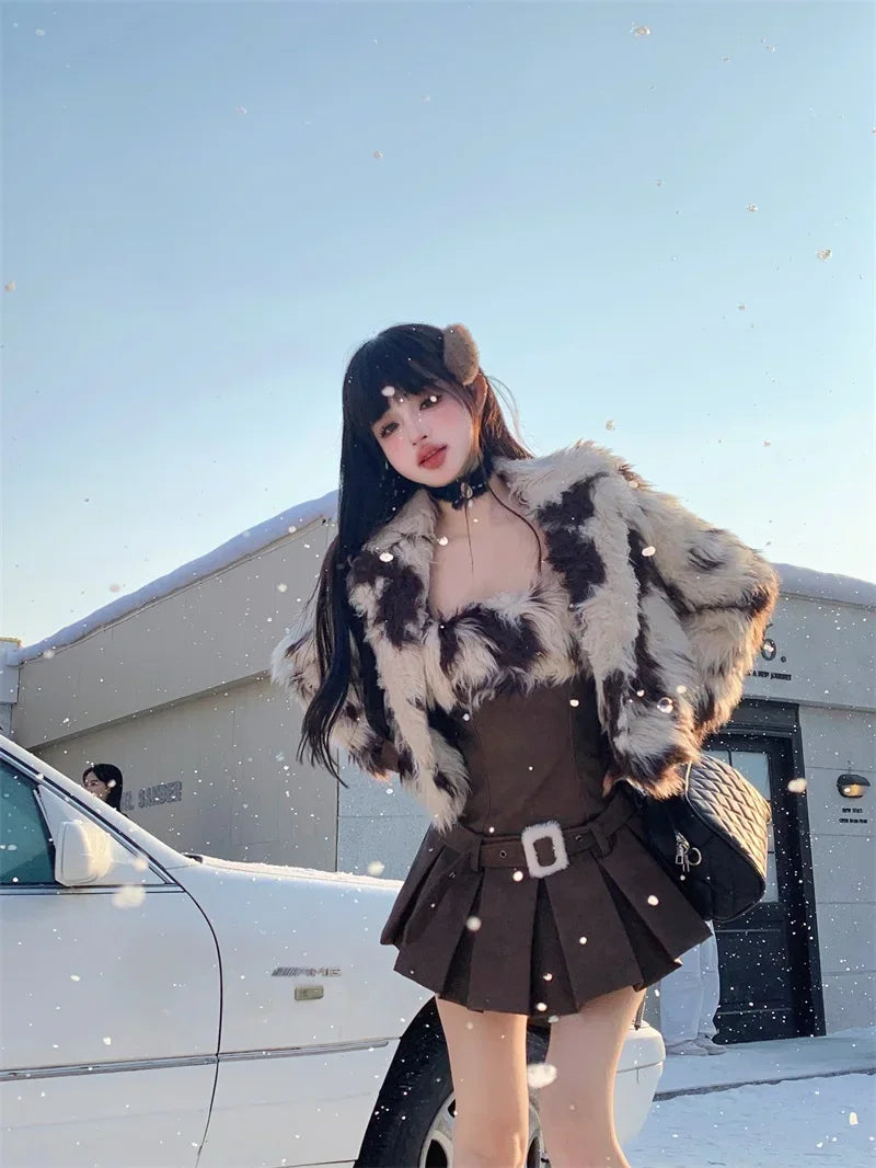 Yipinpay Hot Girl Suit Women's Autumn/Winter Faux Fur Short Coat Strap Slim Fit A-line Dress Two-piece Set Fashion Female Clothes Cape Coat Herringbone Coat Tweed Coat Yipinpay Hot Girl Suit Women's Autumn/Winter Faux Fur Short Coat Strap Slim Fit A-line Dress Two-piece Set Fashion Female Clothes Cape Coat Herringbone Coat Tweed Coat