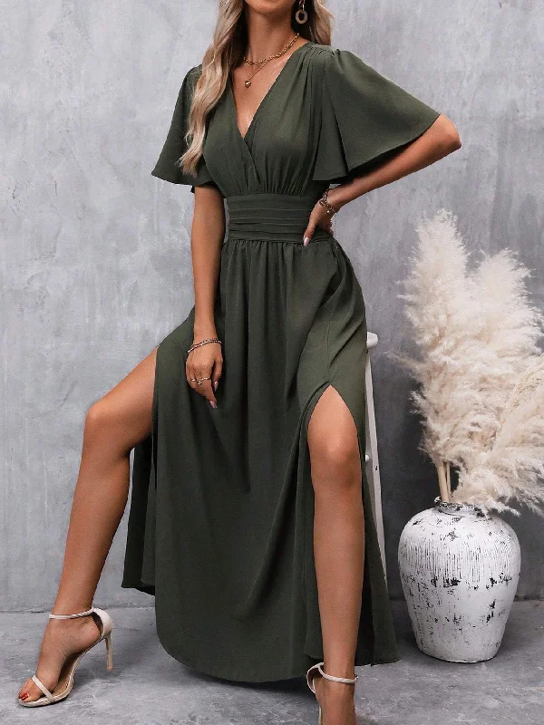 WOMEN S BUTTERFLY SLEEVE WAIST CINCHING SLIT DRESS