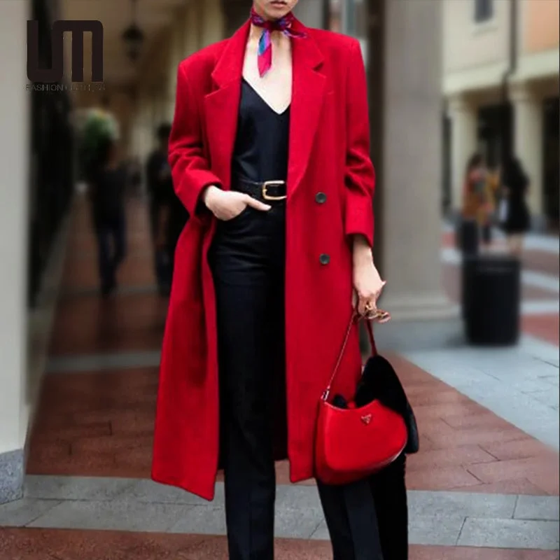 Liu Ming Autumn Winter Streetwear 2024 Trending Women Plus Size Elegant Mid Length Woolen Trench Coat Square Neck One-Shoulder Off-the-Shoulder Liu Ming Autumn Winter Streetwear 2024 Trending Women Plus Size Elegant Mid Length Woolen Trench Coat Square Neck One-Shoulder Off-the-Shoulder