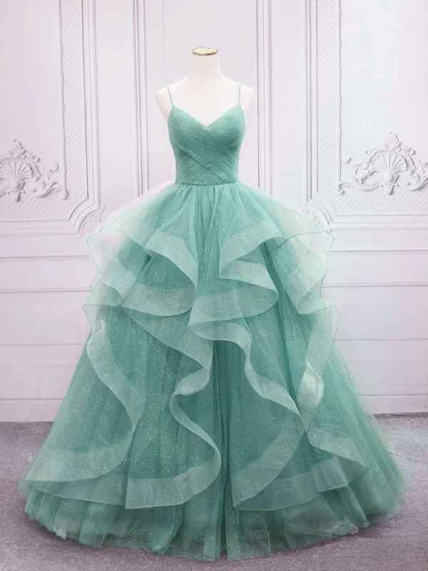 Quinceanera Dress Green V Neck Tulle Long Prom Dress Green Sweet Dress