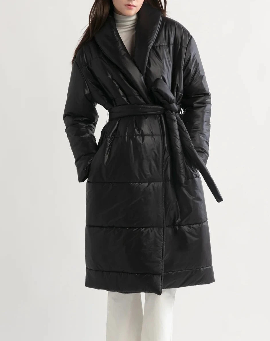 Glossy Puffer Coat in Black Fleece Down Feather