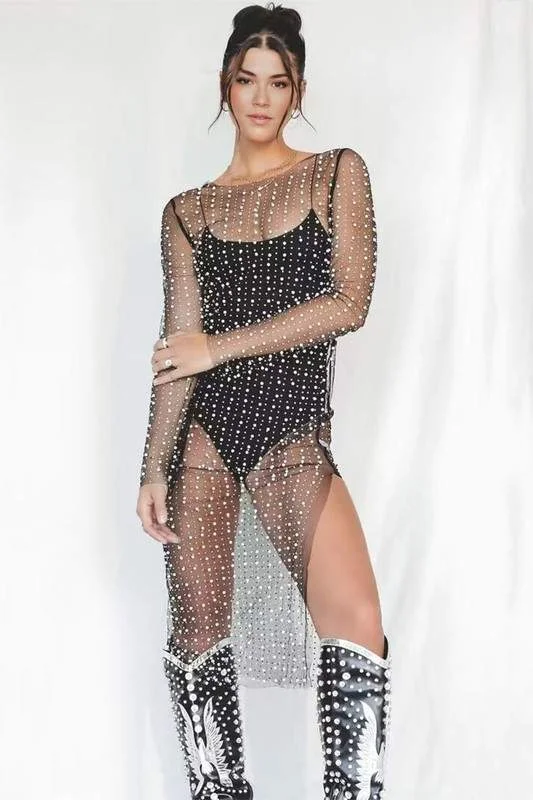 PEARLS STUDDED MESH COVER UP DRESS
