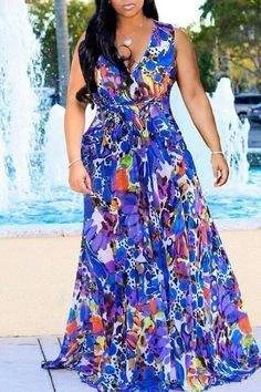 ROYAL BLUE CASUAL SWEET PRINT PATCHWORK V NECK STRAIGHT DRESSES