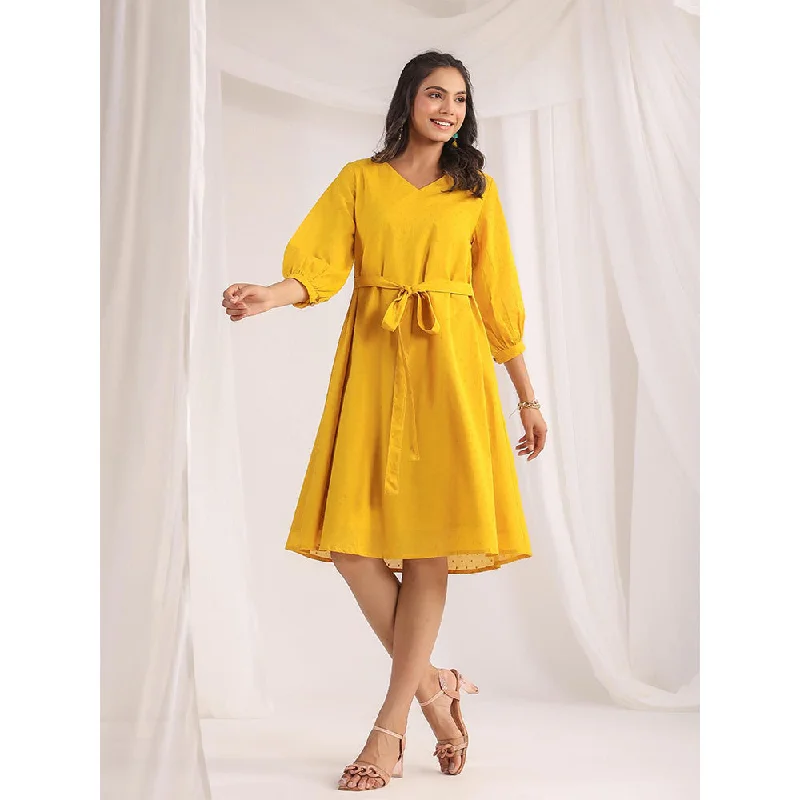 Janasya Women's Yellow Dobby Cotton Self Design A-Line Dress (Set of 2)