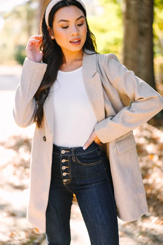 Looking Out Oatmeal Brown Fleece Coat Collared Crew Neck Turtle Neck