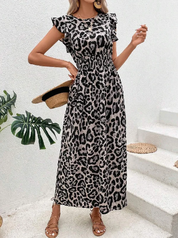LEOPARD PRINT RUFFLE TRIM SPLIT THIGH DRESS