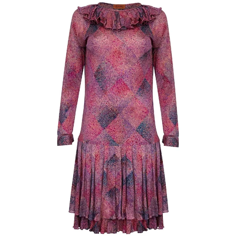 Missoni 1970s Silk Harlequin Paint Effect Dress With Ruffle Collar