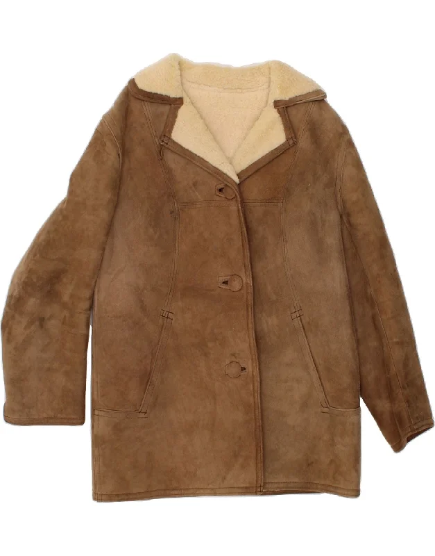 VINTAGE Womens Shearling Coat UK 12 Medium Brown Shearling Blouse Shirt Tunic