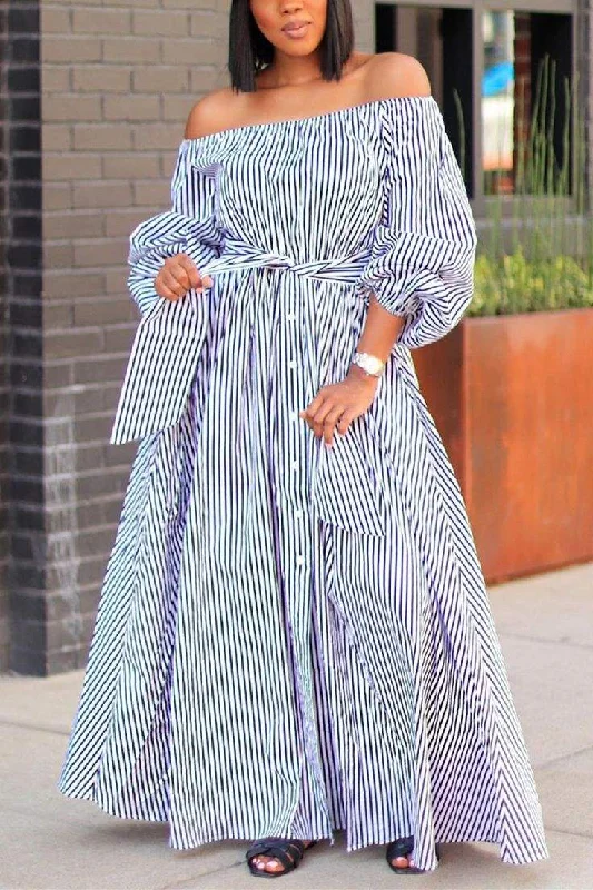 BLUE FASHION CASUAL OFF THE SHOULDER THREE QUARTER BATEAU NECK PRINTED DRESS FLOOR LENGTH STRIPED DRESSES