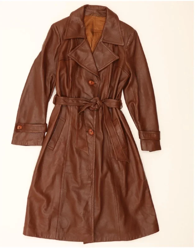 VINTAGE Womens Leather Coat IT 46 Large Brown Leather Appliqued Beaded Sequined