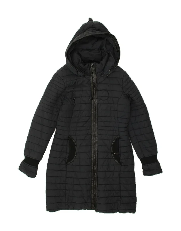 KHUJO Womens Hooded Padded Coat UK 14 Medium Navy Blue Stole Shawl Scarf