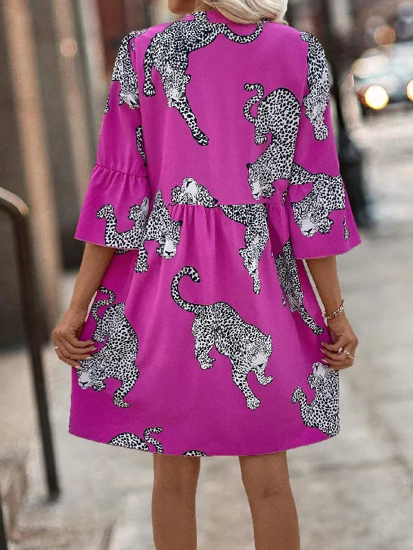 WOMEN S LEOPARD PRINT BUTTON DOWN HALF PLACKET DRESS