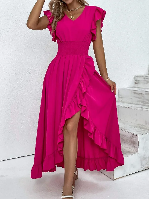 SHIRRED WAIST RUFFLE TULIP HEM DRESS