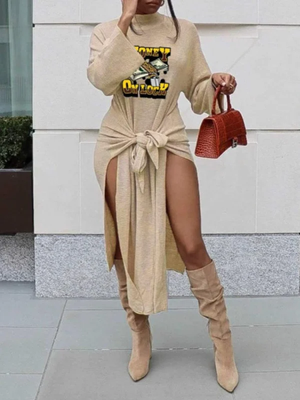 MONEY LETTER PRINT HIGH SPLIT DRESS