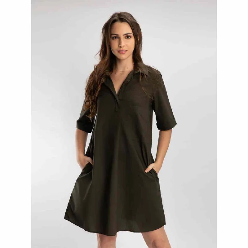Pallavi Swadi Olive Pleated Pocket Dress With Thread Beetle Brooch