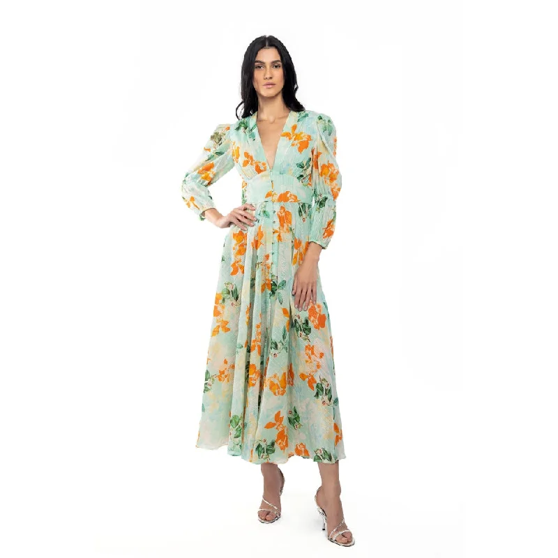 MANDIRA WIRK Cotton Lurex Printed Flaired Dress Blue