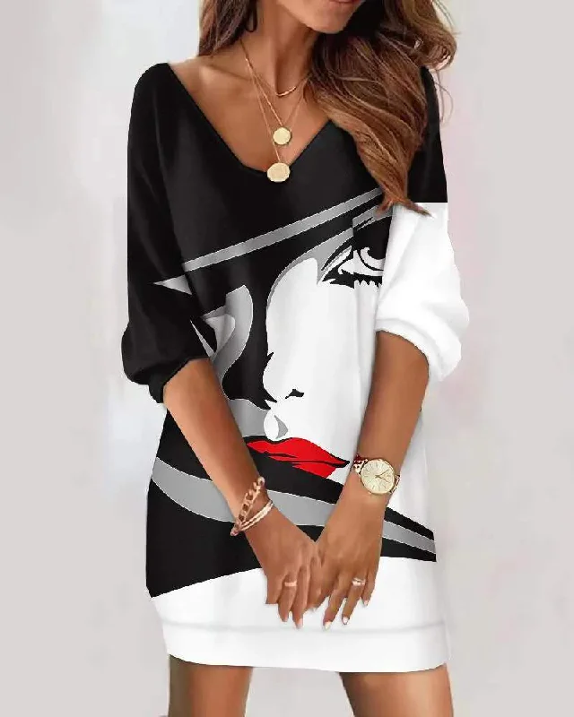 ABSTRACT FIGURE PRINT V NECK CASUAL DRESS
