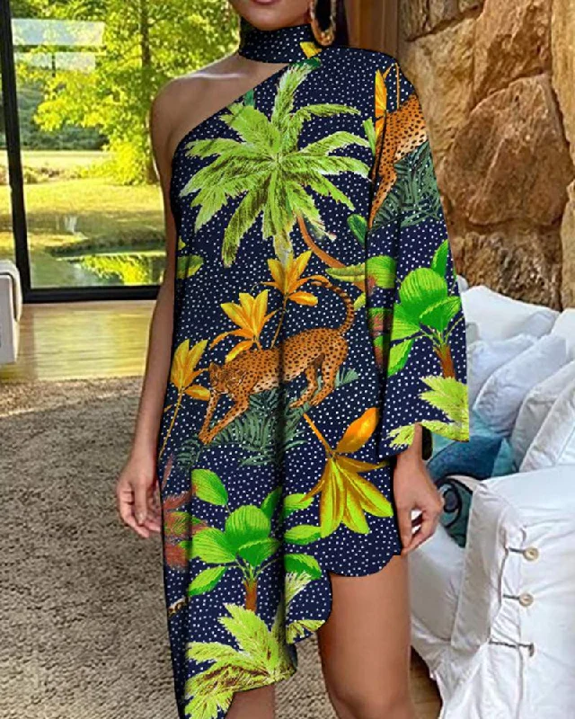 TROPICAL ANIMAL PRINT ONE SHOULDER SCALLOP TRIM CASUAL DRESS