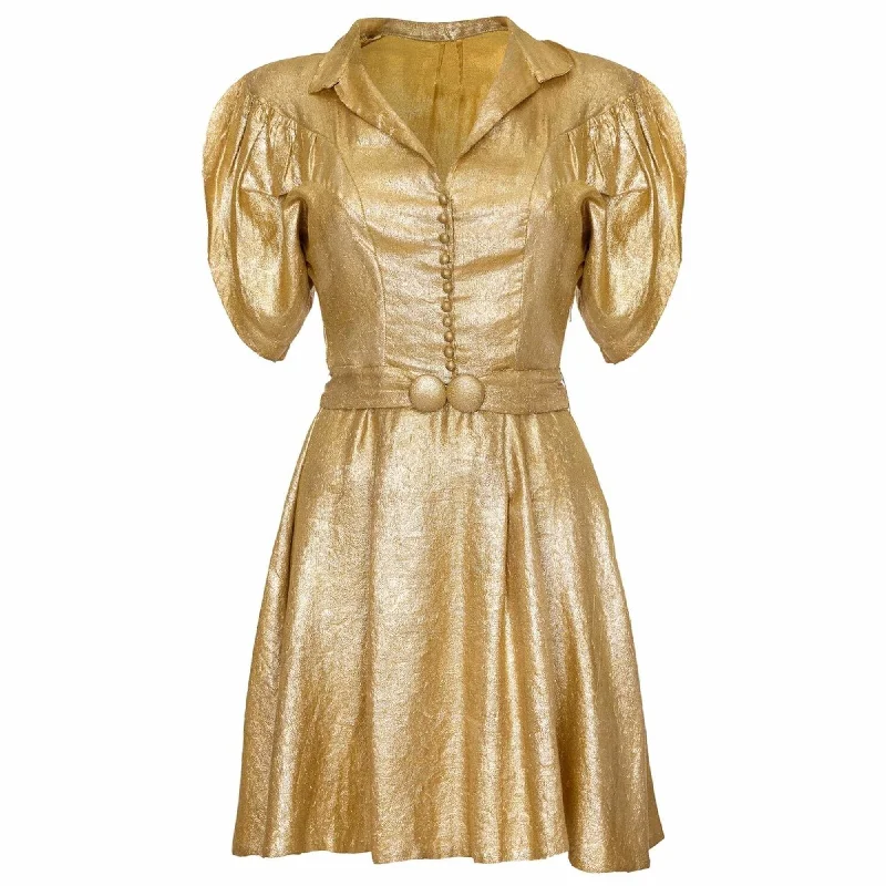 1930s Gold Lame Dress with Cape Sleeves and Matching Belt