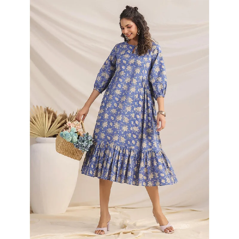 Janasya Women's Blue Cotton Floral Fit & Flare Dress