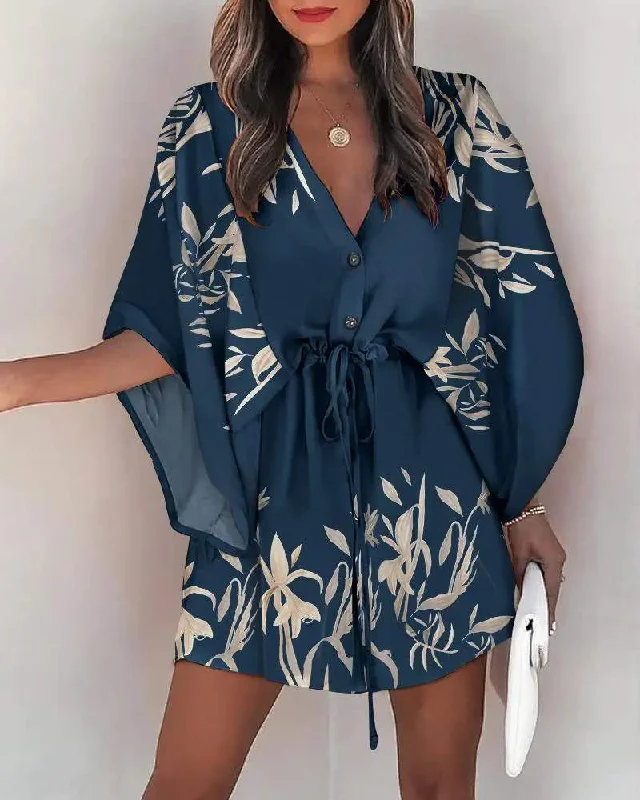 PLANTS PRINT BUTTON FRONT DRAWSTRING CASUAL DRESS
