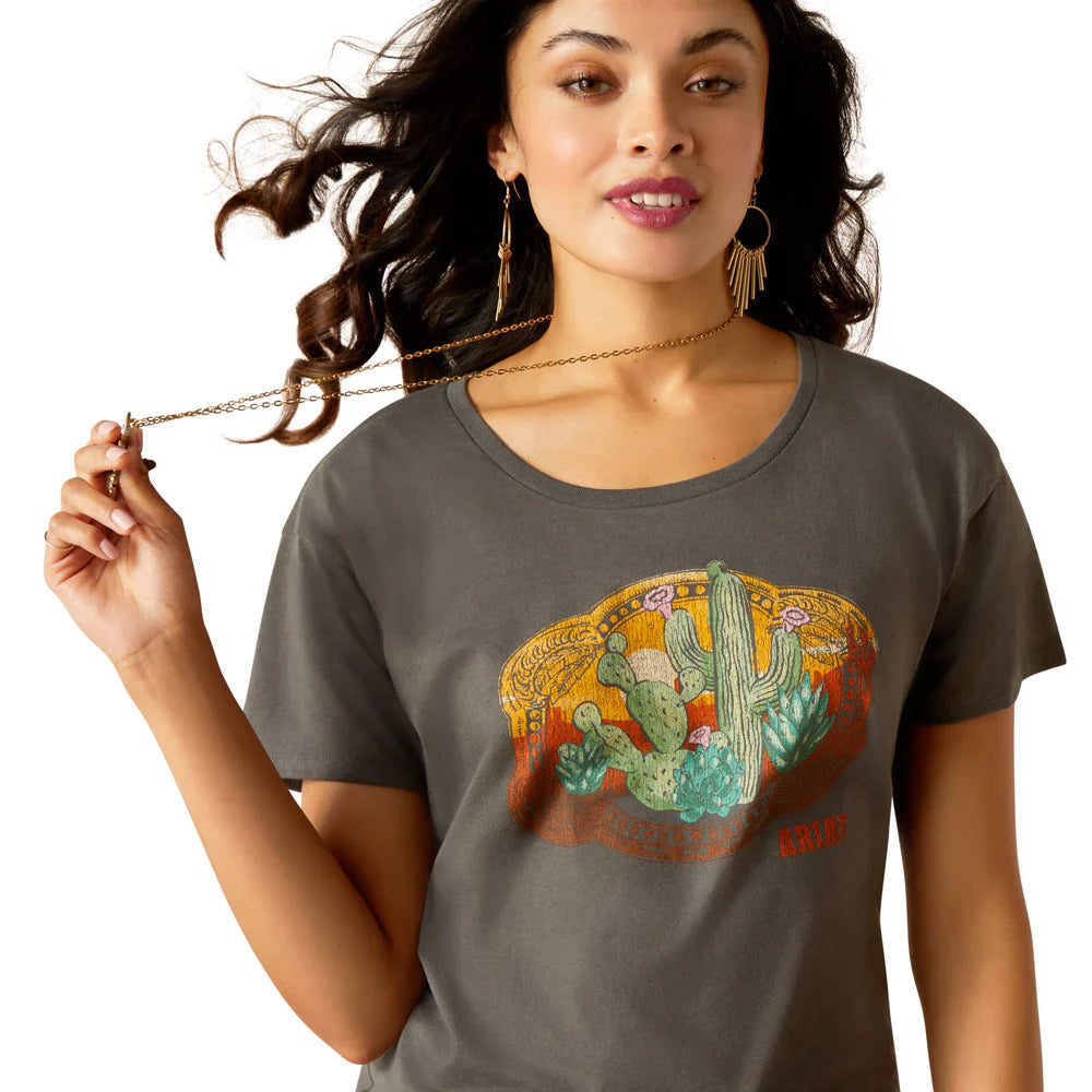 Ariat Womens Buckle Up Graphic SS T Shirt Graphite Jersey Fabric Tulle Fabric Batik Fabric