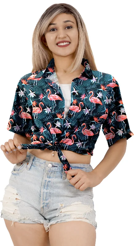 Black Flamingo and Leaves Printed Hawaiian Shirts For Women Terry Blend Velvet Blend Canvas Blend Black Flamingo and Leaves Printed Hawaiian Shirts For Women Terry Blend Velvet Blend Canvas Blend