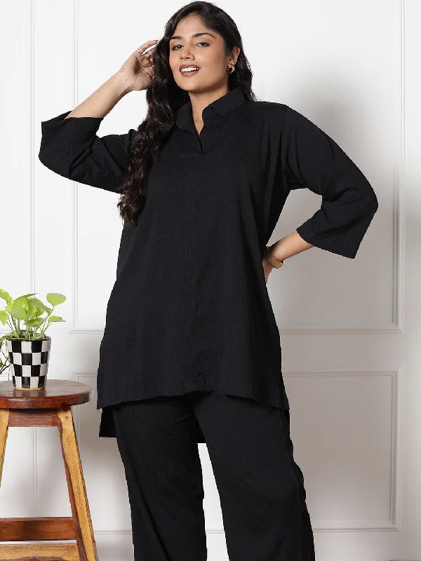 Black Textured ShirtTop Casual Formal Business
