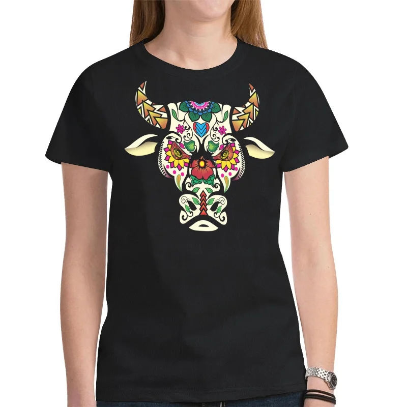 Bull Spirit Guide (Black) T-shirt for Women Ribbed T-Shirt High Neck Heavyweight
