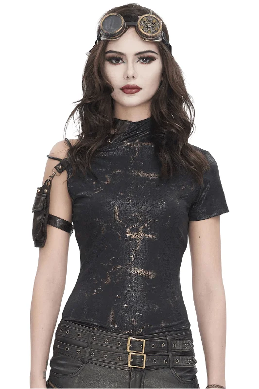 Edgy Black T-shirt with Gold Print and Pocket on Shoulder Ribbed Striped Patterned