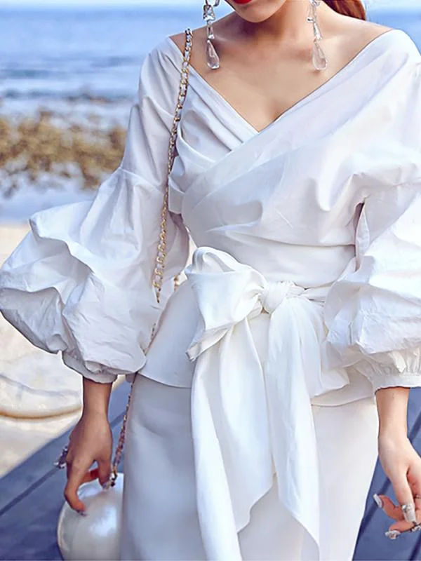 hoombox Fashion V Neck Puff Sleeve Cross Strap Pure Colour Shirt Terry Blend Velvet Blend Canvas Blend hoombox Fashion V Neck Puff Sleeve Cross Strap Pure Colour Shirt Terry Blend Velvet Blend Canvas Blend