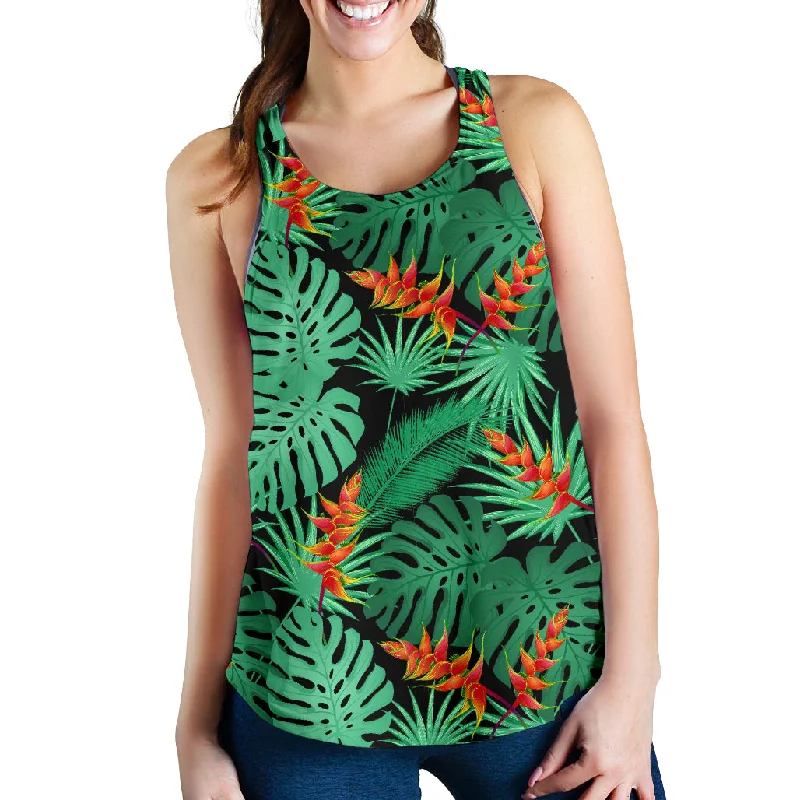 heliconia flower palm monstera leaves black background Women Racerback Tank Top rhinestone tank top heliconia flower palm monstera leaves black background Women Racerback Tank Top rhinestone tank top