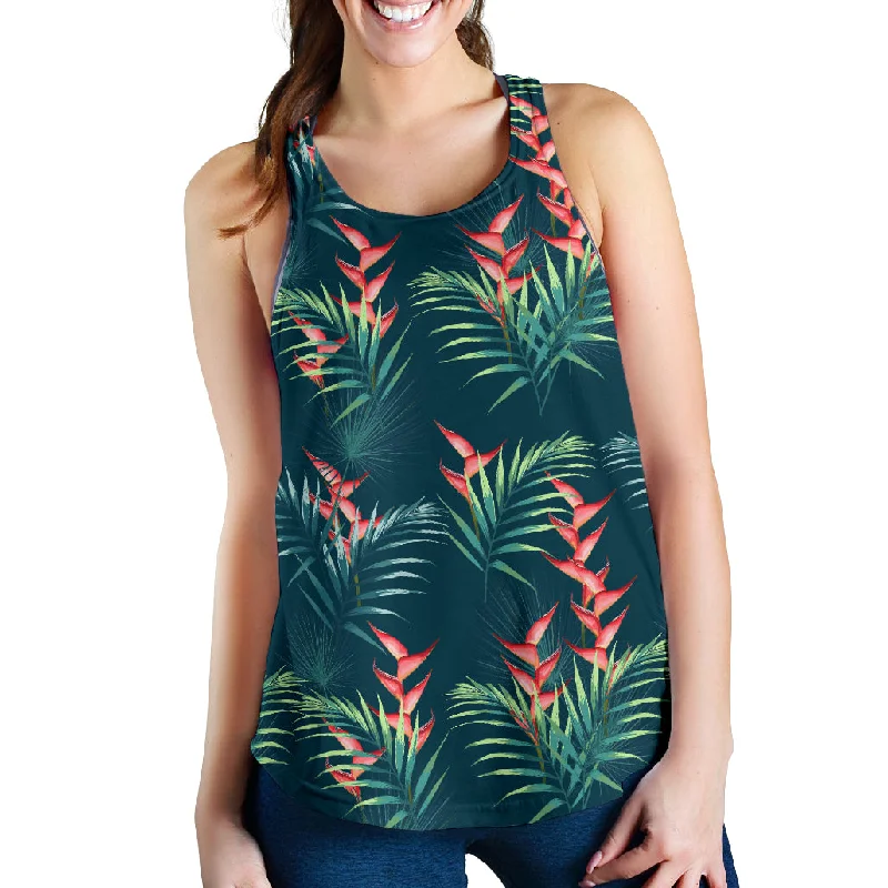 heliconia flowers, palm and monstera leaves on black background pattern Women Racerback Tank Top charcoal tank top heliconia flowers, palm and monstera leaves on black background pattern Women Racerback Tank Top charcoal tank top
