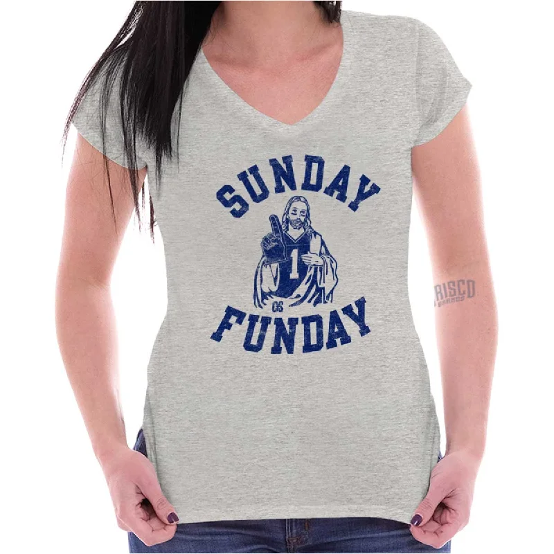 Jesus Sunday Funday Junior Fit V-Neck T Shirt Houndstooth Herringbone Solid