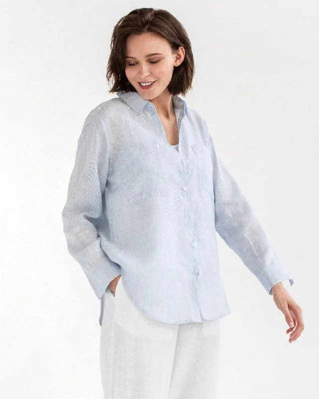 Long-sleeved linen shirt CALPE in Pinstripe blue Solid Color Striped Floral
